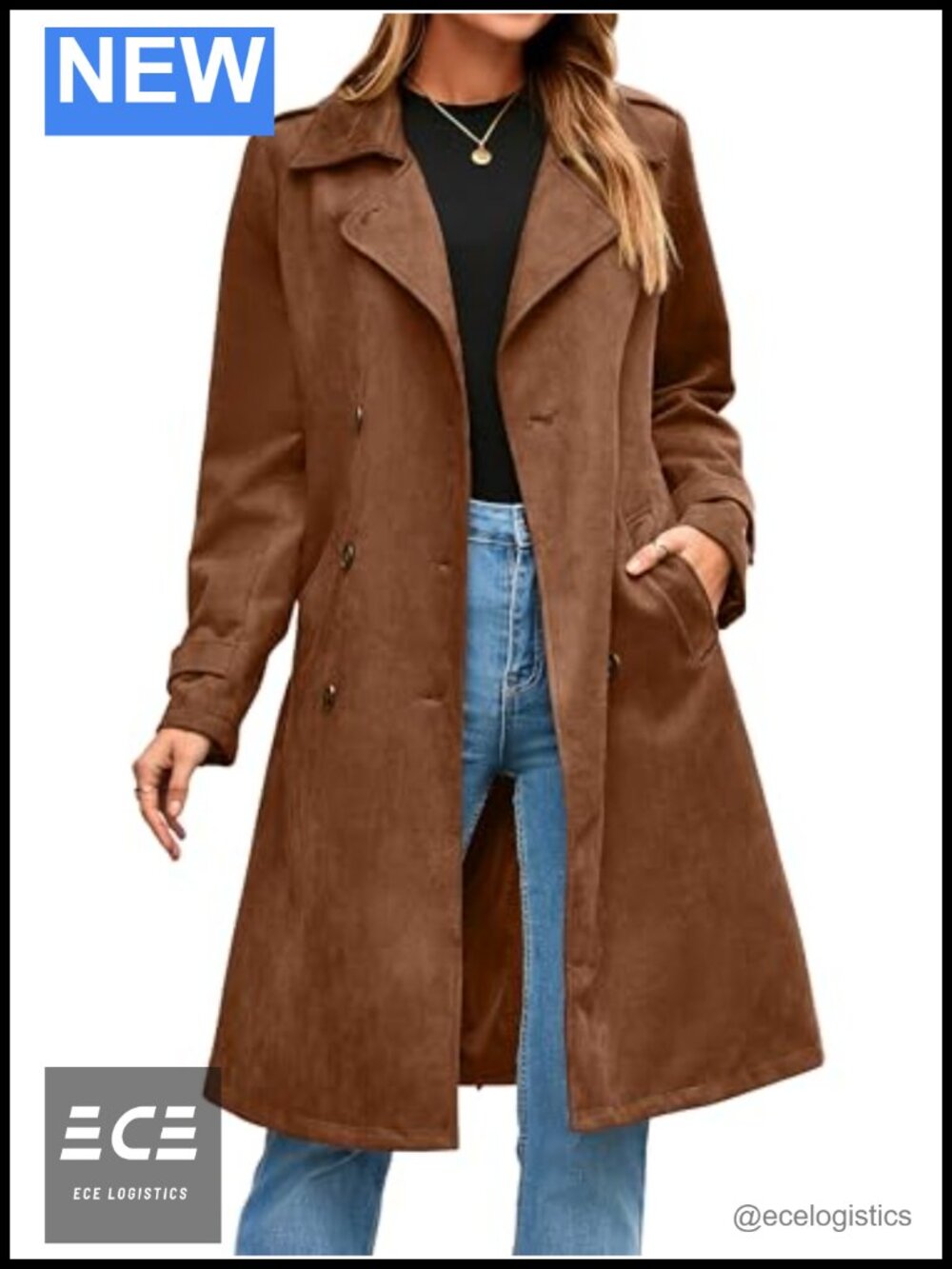 Faux Suede Trench Coat Double Breasted Belted Long Work Office Overcoat
